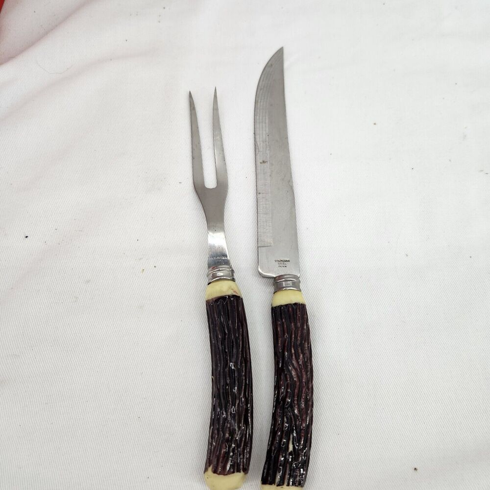 Vintage Antler Horn Faux Handle Knife & Fork Carving Set - Japan - 10" Vintage